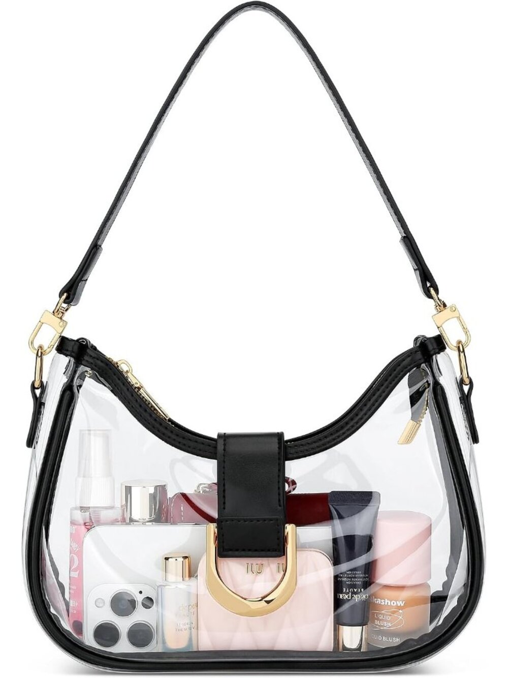 Women's Clear Black Vegan Leather Cute Trendy Purse Gold Chain Shoulder Bag